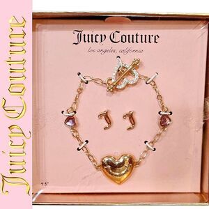Juicy Couture Logo Heart Locket Bracelet & J Stud Earring Set